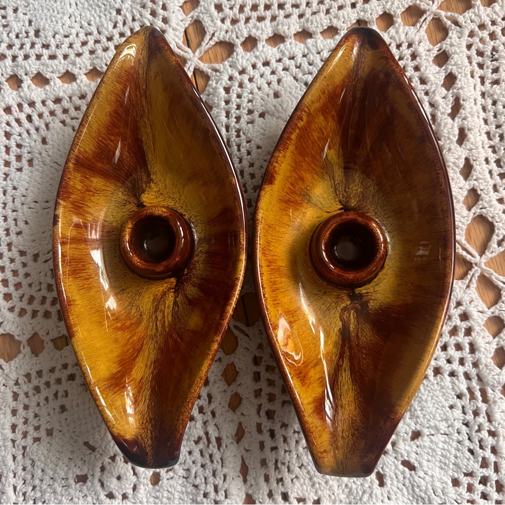 Vintage BMP Blue Mountain Pottery Leaf‎ Candle Holder Set Harvest Gold 🍁 - Picture 2 of 6
